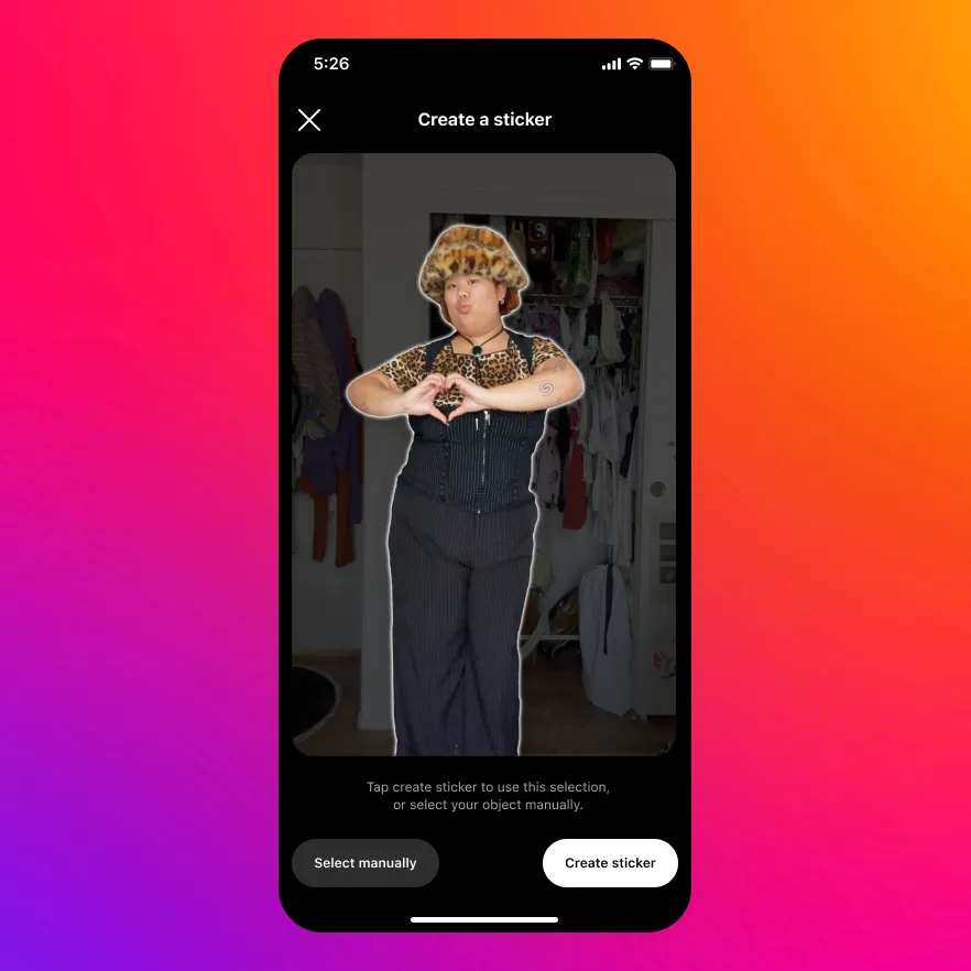 Selecteer een foto in je Story, ga naar de stickers en kies ‘Uitknippen’. De tool kiest automatisch een onderwerp uit je foto, maar je kunt ook handmatig selecteren.